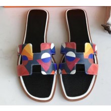 Hermes Print Oran Flat Slipper Sandals Black/White