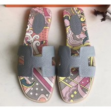 Hermes Print Oran Flat Slipper Sandals Gray