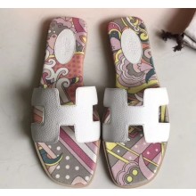 Hermes Print Oran Flat Slipper Sandals White
