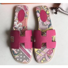 Hermes Print Oran Flat Slipper Sandals Fuchsia
