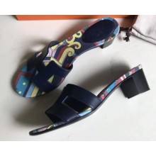 Hermes Heel 5cm Print Oasis Slipper Sandals Dark Blue