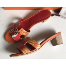 Hermes Heel 5cm Print Oasis Slipper Sandals Orange