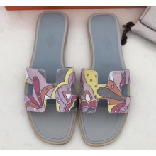 Hermes Print Oran Flat Slipper Sandals Light Gray
