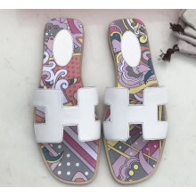 Hermes Print Oran Flat Slipper Sandals Box White