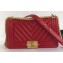 Chanel Caviar Leather Chevron Boy Flap Medium Bag Red/Gold