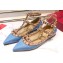 Valentino Rockstud Caged Ankle Strap Ballet Flats Ballerinas in Patent Leather Blue