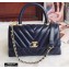 Chanel Waxy Calfskin Coco Handle Chevron Small Flap Bag Navy Blue with Top Handle A92990 7147