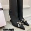 Amina Muaddi Heel 9.5cm Leather Thigh-High Boots Black with Crystal Bow 2021