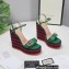 Gucci Leather Striped Platform 4cm Heel 13cm Wedge Sandals Green with Double G