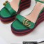 Gucci Leather Striped Platform 4cm Heel 13cm Wedge Sandals Green with Double G
