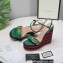 Gucci Leather Striped Platform 4cm Heel 13cm Wedge Sandals Green with Double G