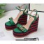 Gucci Leather Striped Platform 4cm Heel 13cm Wedge Sandals Green with Double G