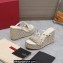 Valentino Heel 9.5cm Platform 3.5cm Rockstud wedge sandals in calfskin leather White with silk cords 2023