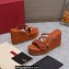 Valentino Heel 9.5cm Platform 3.5cm Rockstud wedge sandals in calfskin leather Brown with silk cords 2023
