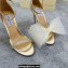 Jimmy Choo Heel 10.5cm Aveline Glitter Sandals Gold with Asymmetric Grosgrain Mesh Crystal Fascinator Bows 2023