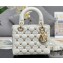 Dior Small Lady Dior Bag in White Cannage Lambskin with Gold-Finish Butterfly Studs
