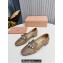 Miu Miu Glitter fabric loafers Gold 01 with metal chain and artificial crystal ornament 2024