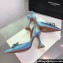 Amina Muaddi Heel 9.5cm Rosie Sling Satin Light Blue with Crystal embellished bow accessory