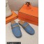 Hermes Groupie mules in denim Blue and calfskin with miniature permabrass-plated Paris buckle