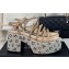 Chanel Calfskin Strass Heel tubular Wedge Sandals Beige 2024