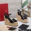 Valentino Heel 15cm Platform 7cm Vlogo Cut-Out Wedge Sandals Espadrilles in calfskin leather Black 2024