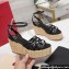 Valentino Heel 11cm Platform 4cm Raflower Wedge Sandals Espadrilles in calfskin leather Black 2024
