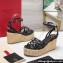 Valentino Heel 11cm Platform 4cm Raflower Wedge Sandals Espadrilles in calfskin leather Black 2024