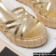 Valentino Heel 11cm Platform 4cm Raflower Wedge Sandals Espadrilles in calfskin leather Gold 2024