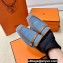 Hermes Groupie mules in denim Blue and calfskin with miniature permabrass-plated Paris buckle (original quality)