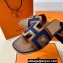 Hermes Oran Sandals in Calfskin Brown and canvas Blue (original quality)