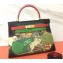 Hermes Kelly 32 Bag in Print Leather Black/Red/Suede Green