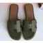 Hermes Oran Flat Slipper Sandals in Togo Leather Olive Green
